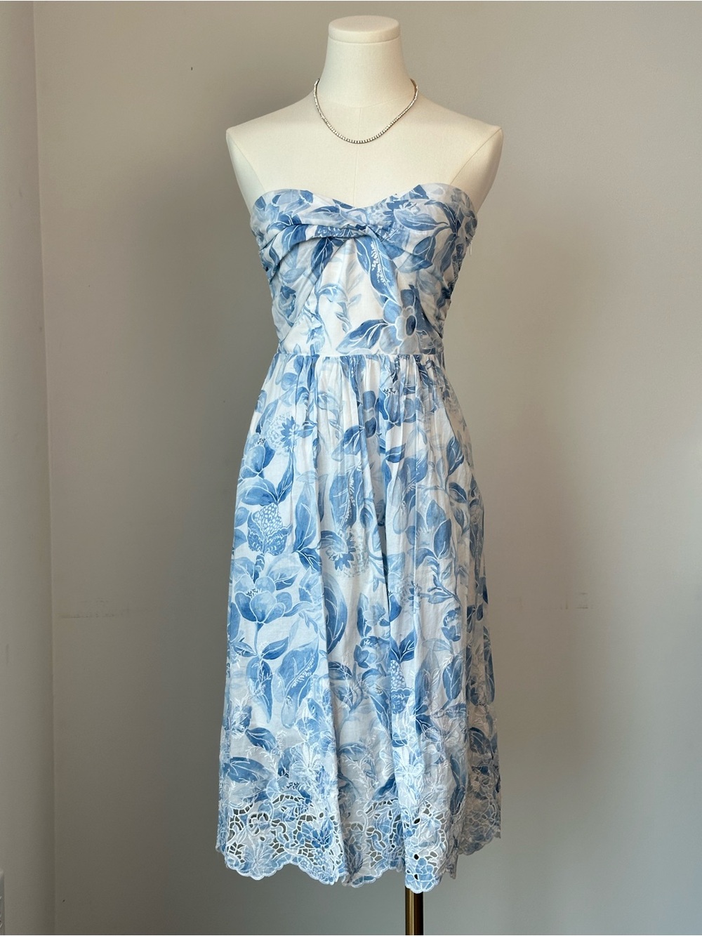 White House Black Market Strapless White Dress with Blue Floral Print